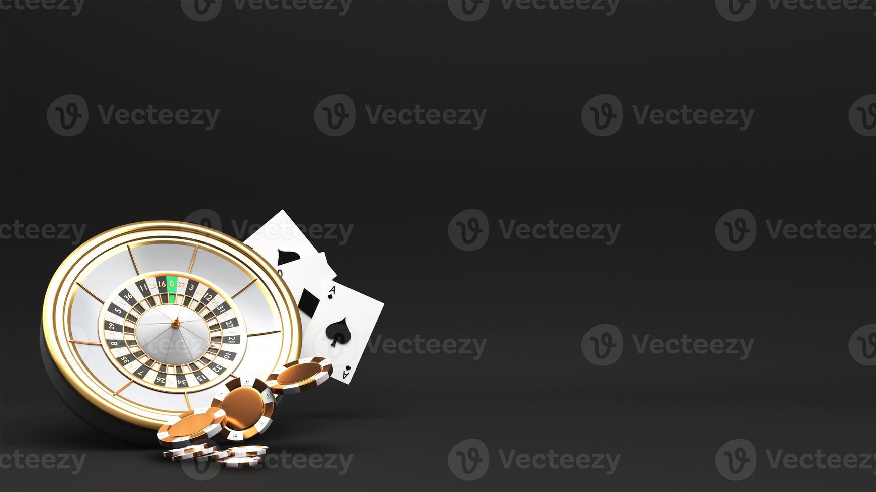 3D Render of Casino Elements Like As Roulette Wheel, Ace Cards, Poker Chips And Copy Space On Black Background. photo