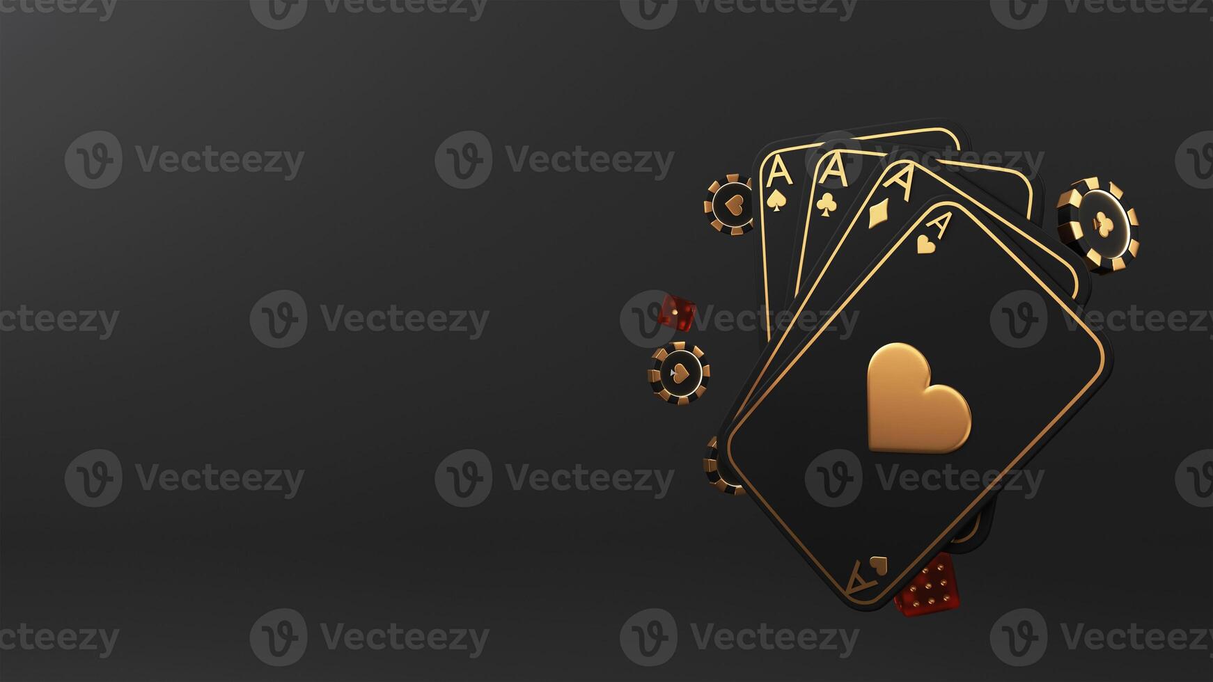 3D Render of Casino Elements As Ace Cards, Poker Chips, Red Dices And Copy Space On Black Background. photo