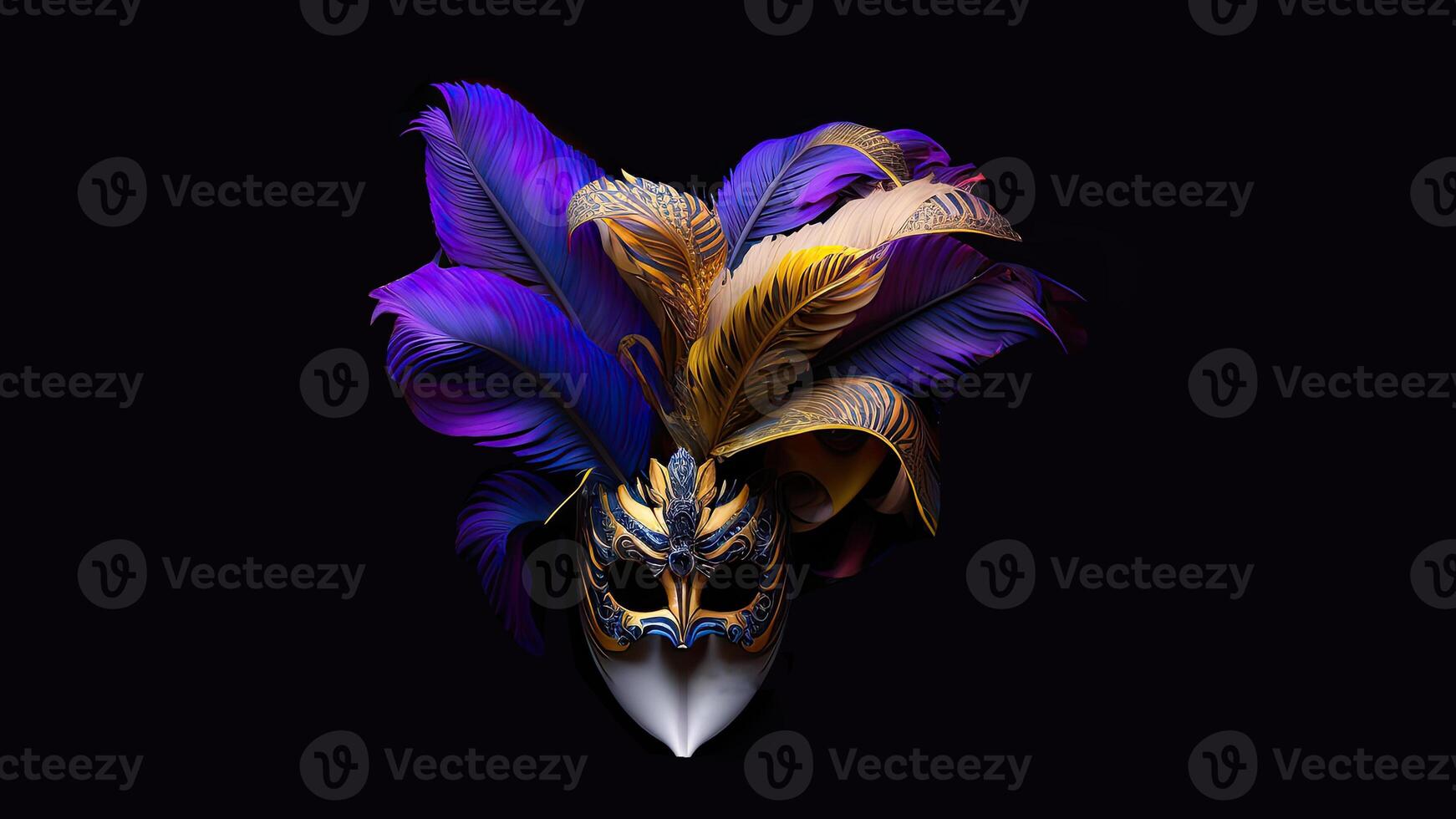Carnival Mask Decorated With Beautiful Feathers On Black Background. 3D Render. photo
