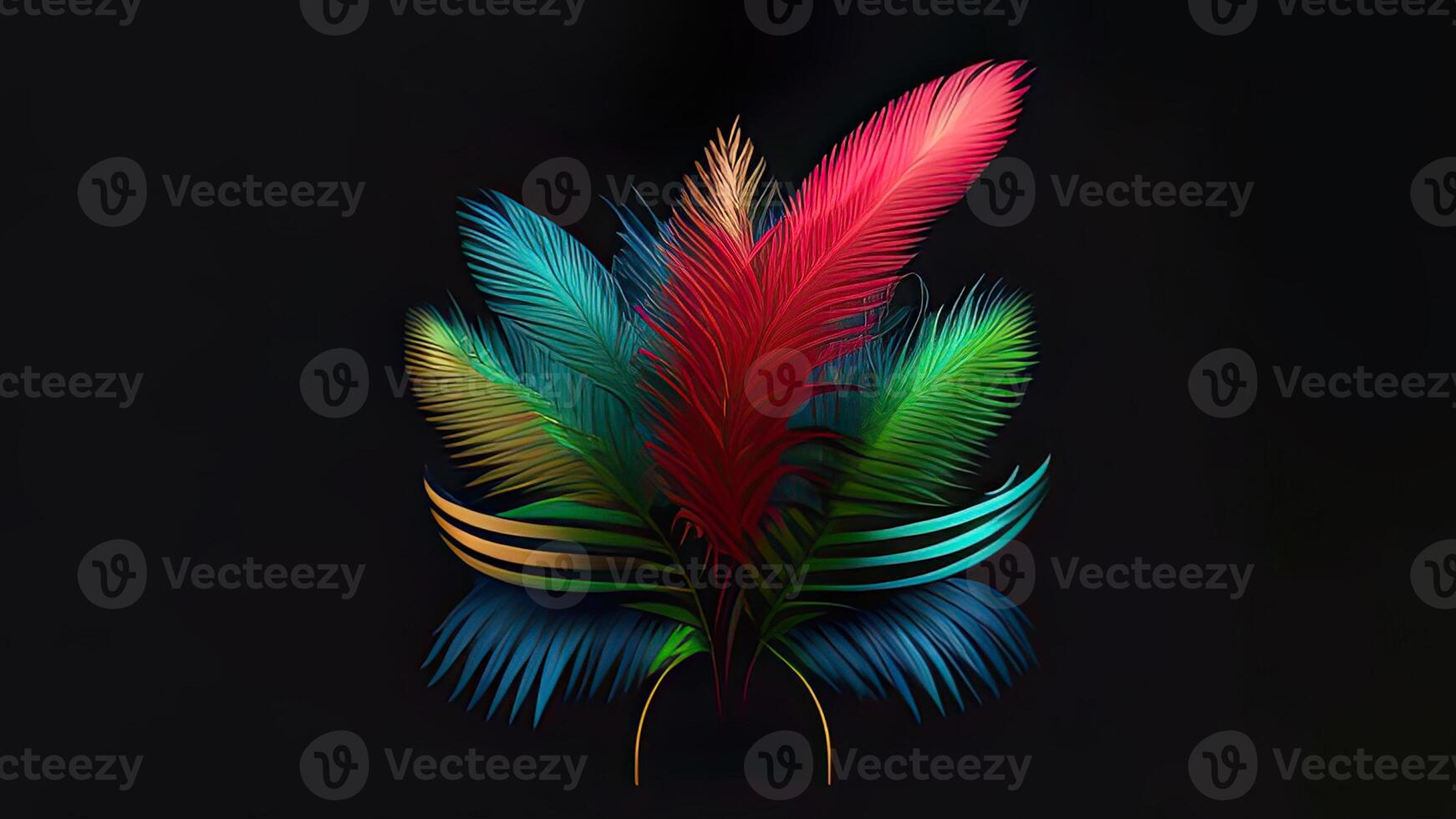 Bunch of Multicolored Feathers On Black Background And Copy Space. photo