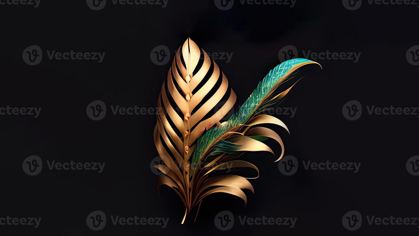3D Render of Golden And Teal Feathers On Black Background And Copy Space. photo