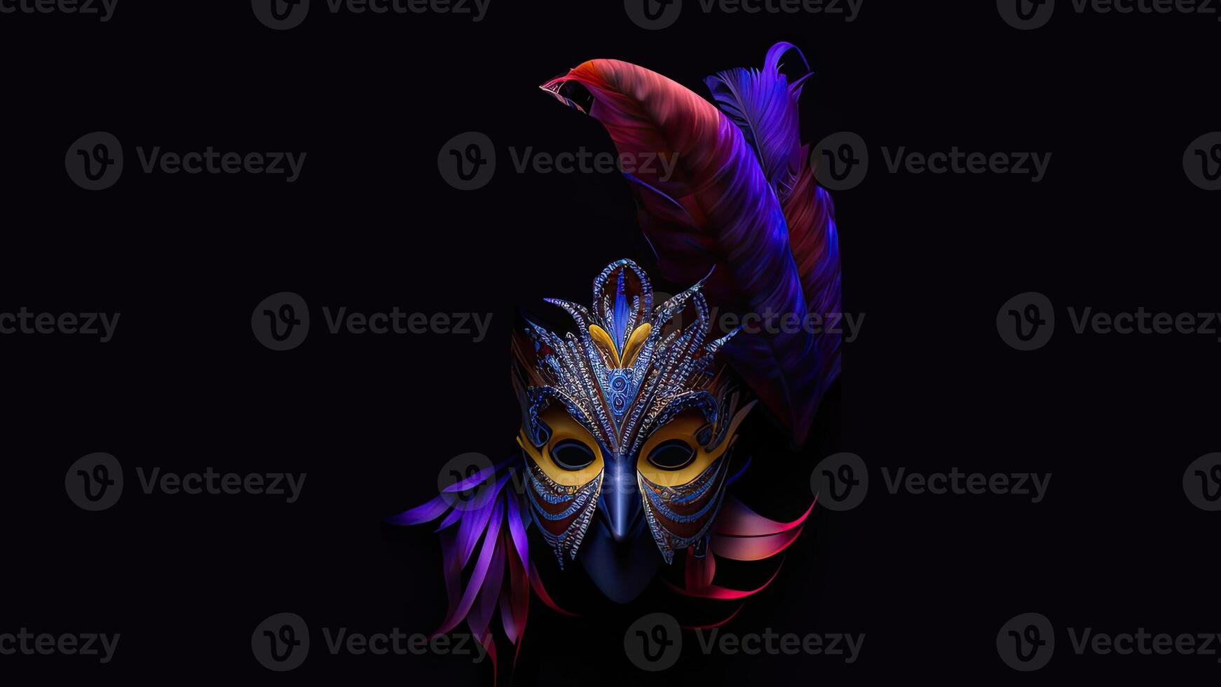 Venetian Full Face Mask With Beautiful Feathers On Black Background And Copy Space. 3D Render. photo