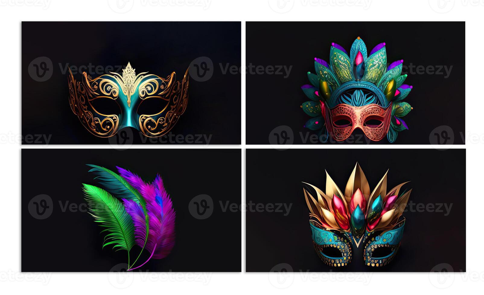 Various Type Carnival Masks And Feathers On Black Background. 3D Render. photo