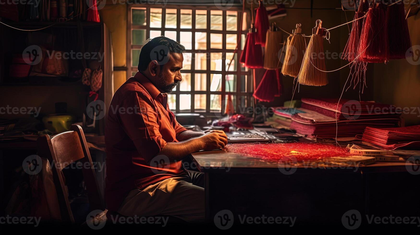 Portrait of Middle Age Man Hand Made Embroidery Cloth at Rustic Home. . photo