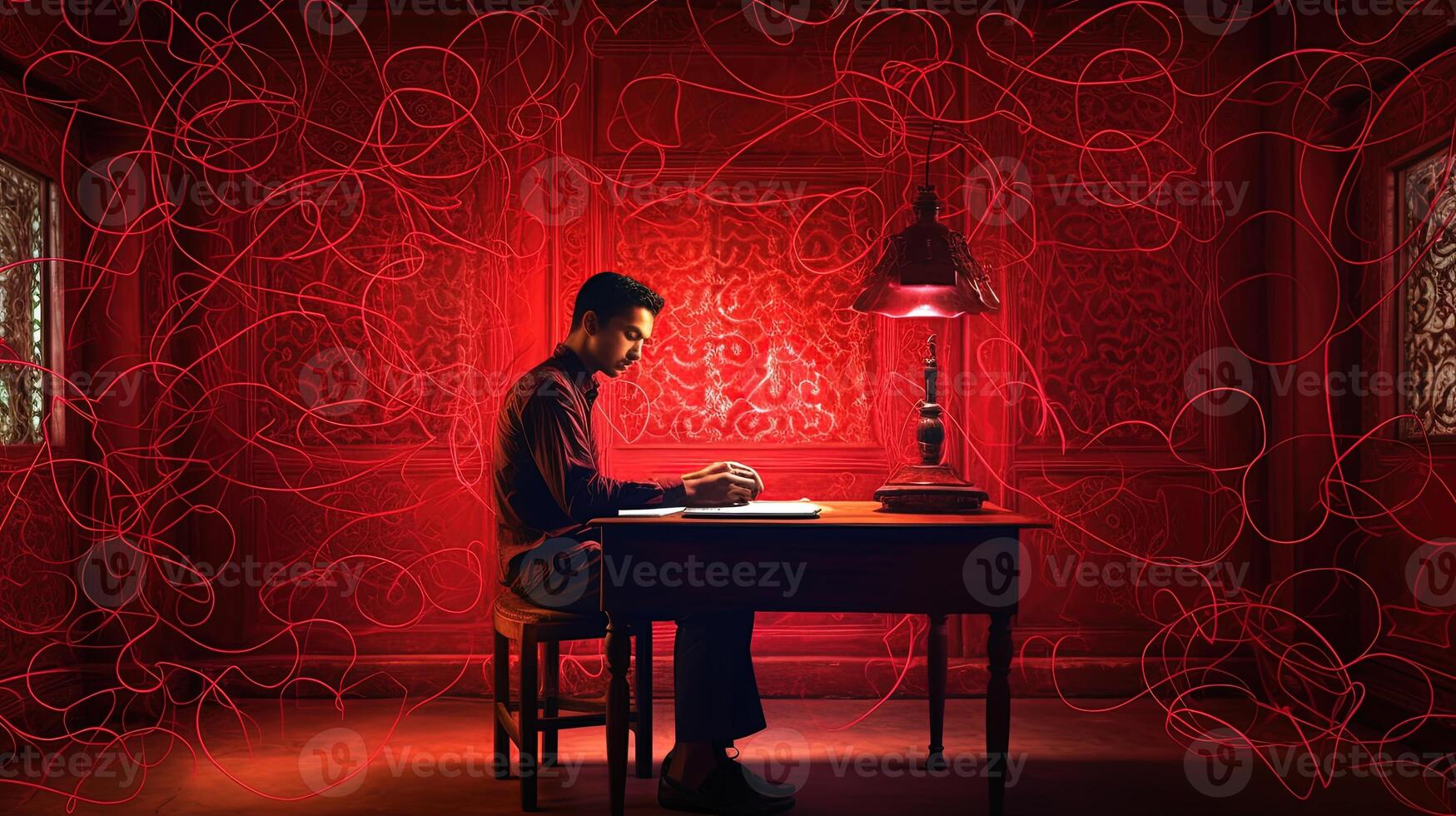 Concentrated Smart Young Man Study Paper at Desk with Burning Red Light at Trap Room. Digital Technology. photo