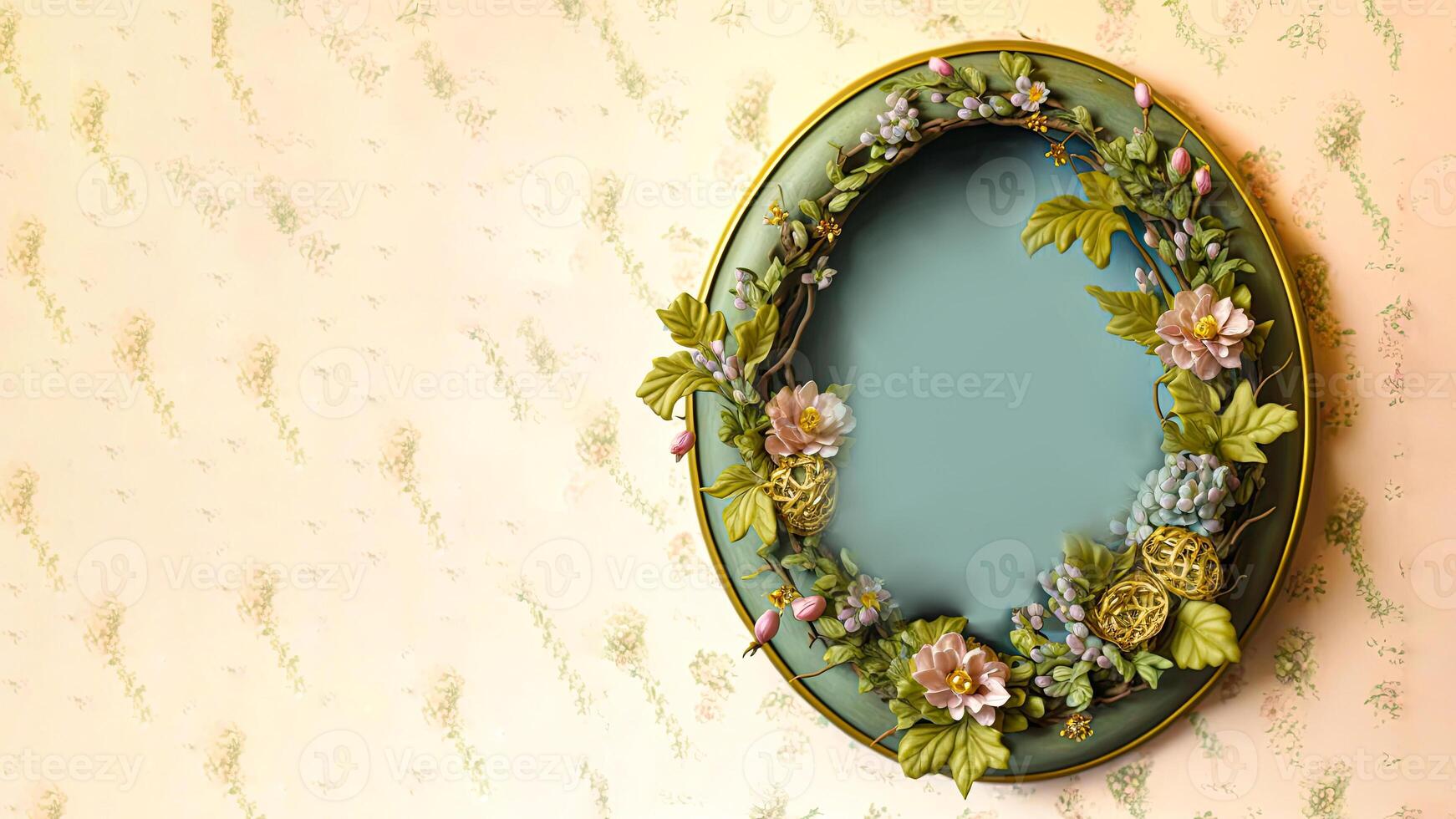 3D Render of Floral Oval Frame Against Grunge Leaves Peach Background And Copy Space. photo