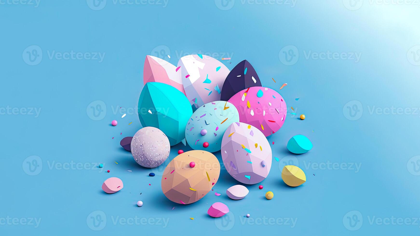 Colorful Paper Easter Eggs On Blue Background And Copy Space. Happy Easter Day Concept. photo