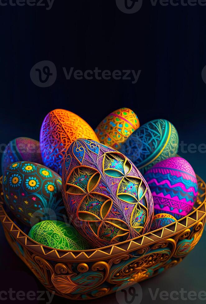 Colorful Paper Floral Easter Eggs Basket On Dark Teal Background And Copy Space. Happy Easter Vertical Template Or Standee Poster Design. photo