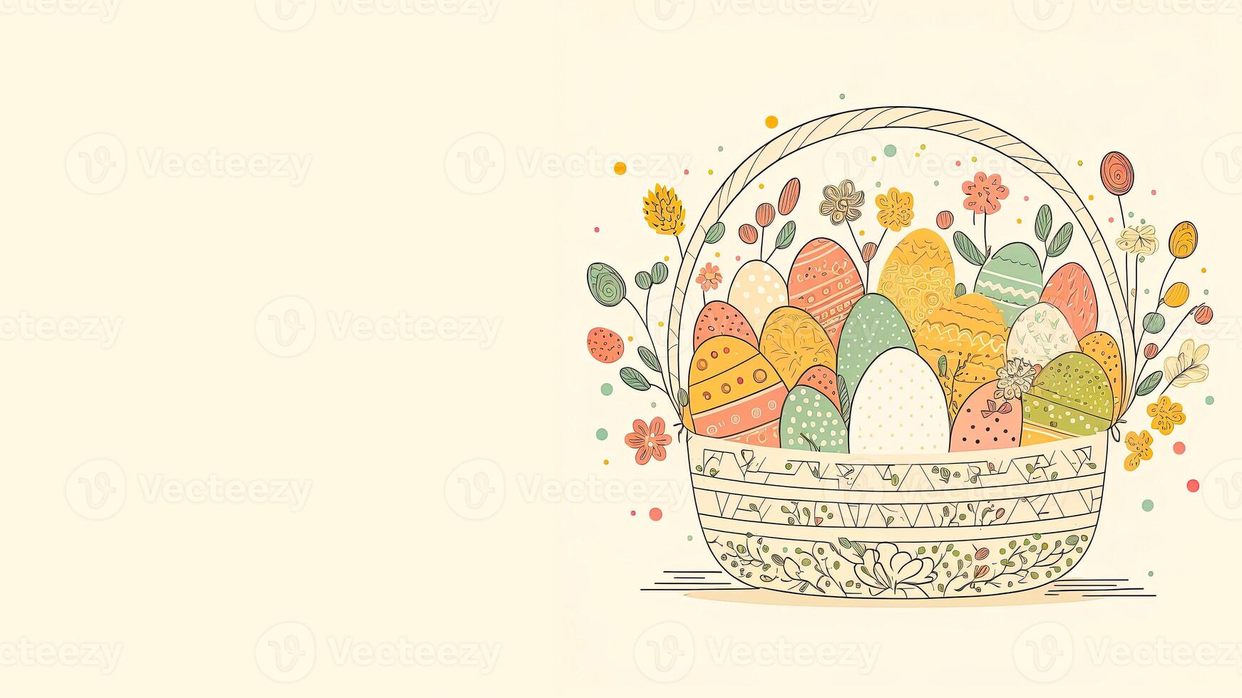 Doddle Style Easter Eggs Inside Floral Basket Against Pastel Yellow Background And Copy Space. Happy Easter Day Concept. photo