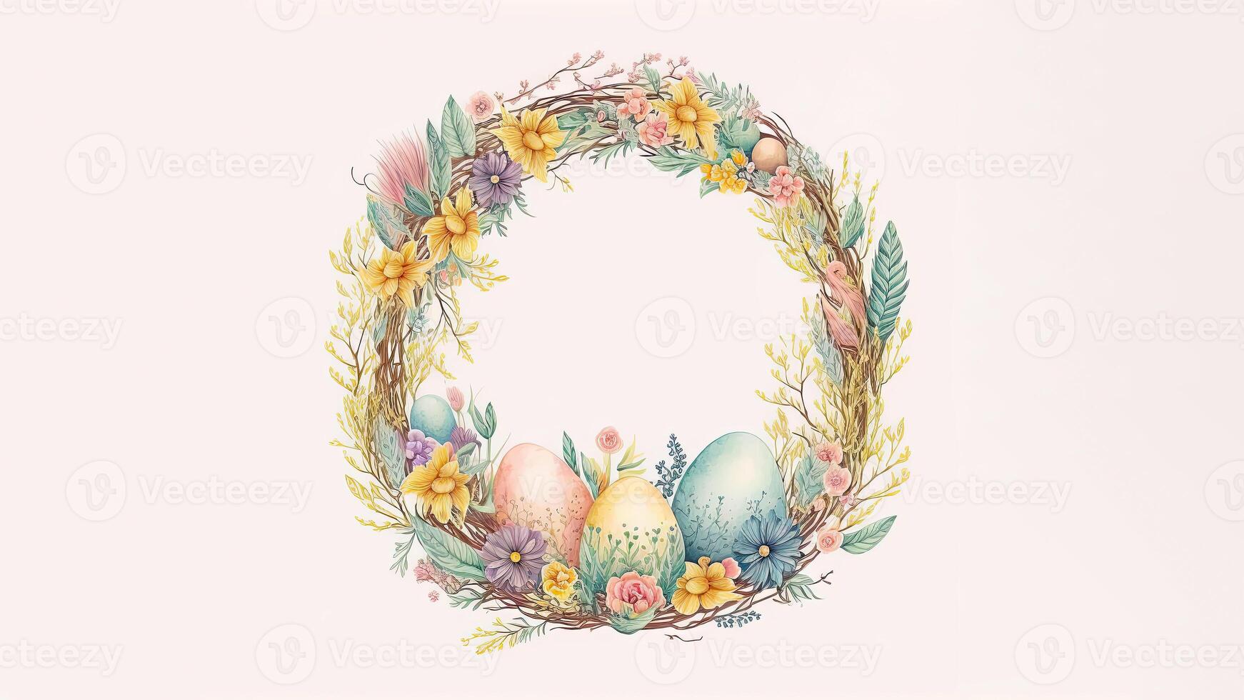 Flat Style Colorful Eggs On Floral Circular Frame With Against Pastel Pink Background And Copy Space. Happy Easter Day Concept. photo