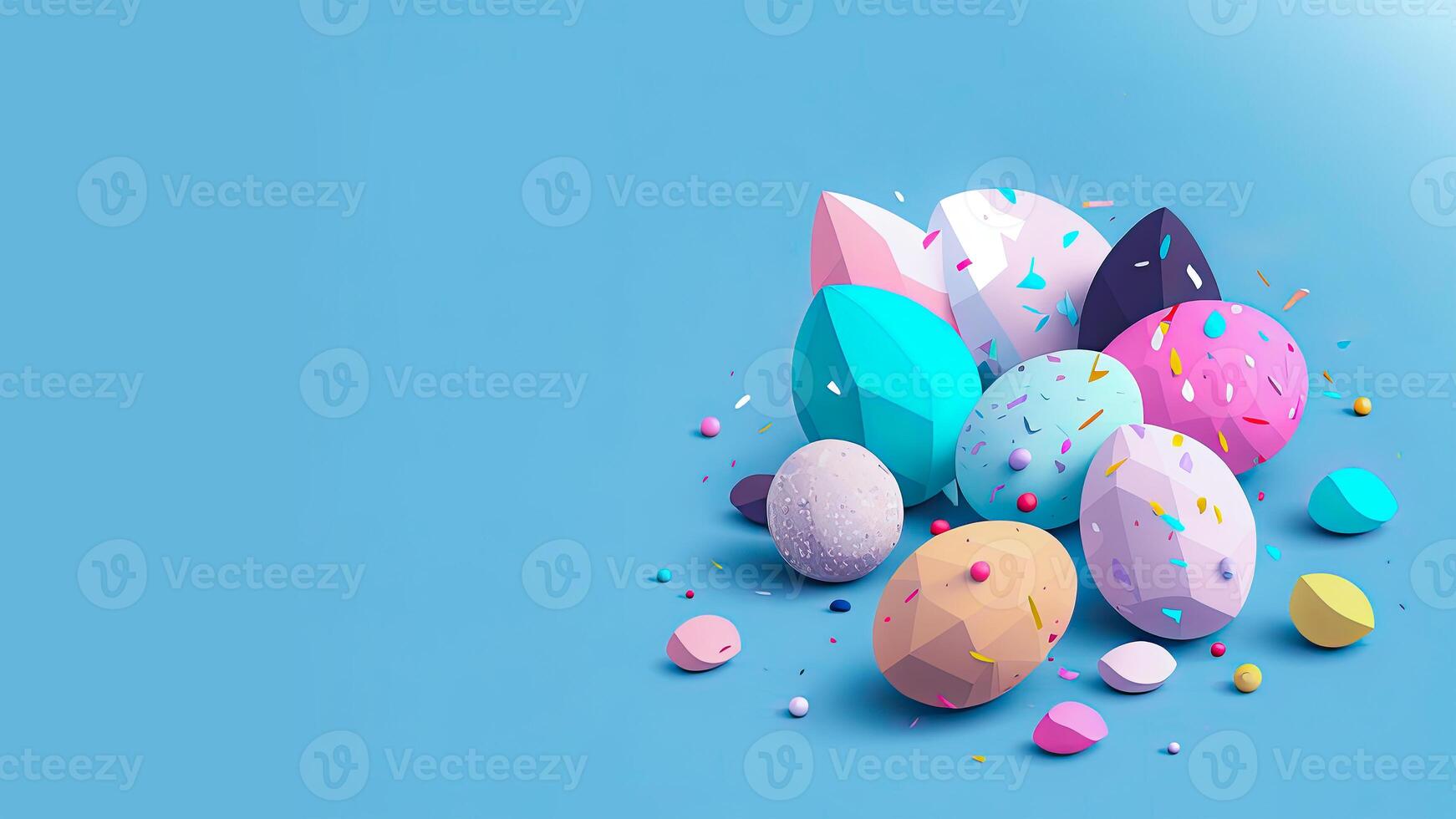 Colorful Paper Easter Eggs On Blue Background And Copy Space. Happy Easter Day Concept. photo