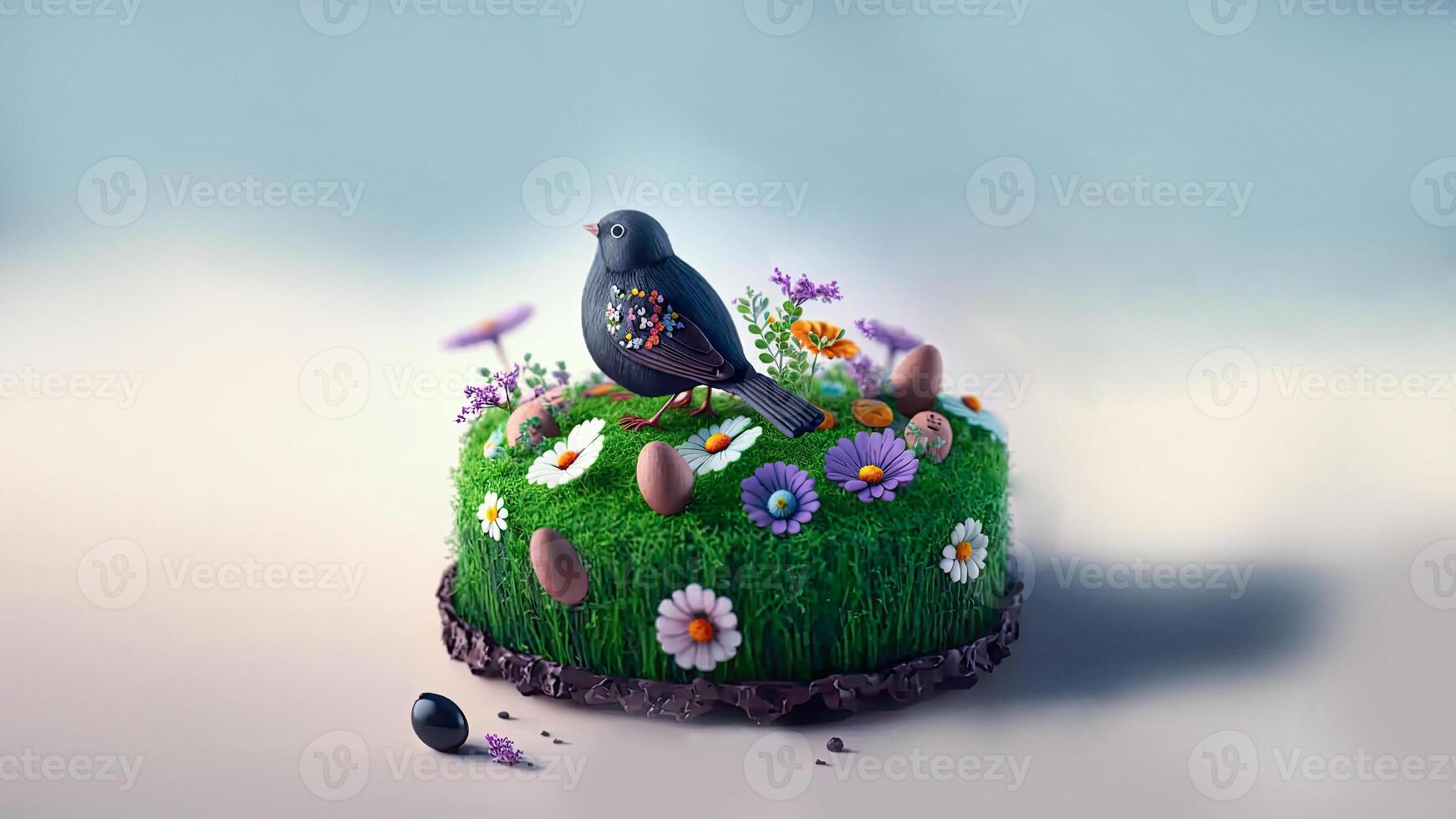 3D Render of Cute Bird Standing With Eggs On Floral Circle Landscape Against Light Blue Background And Copy Space. photo