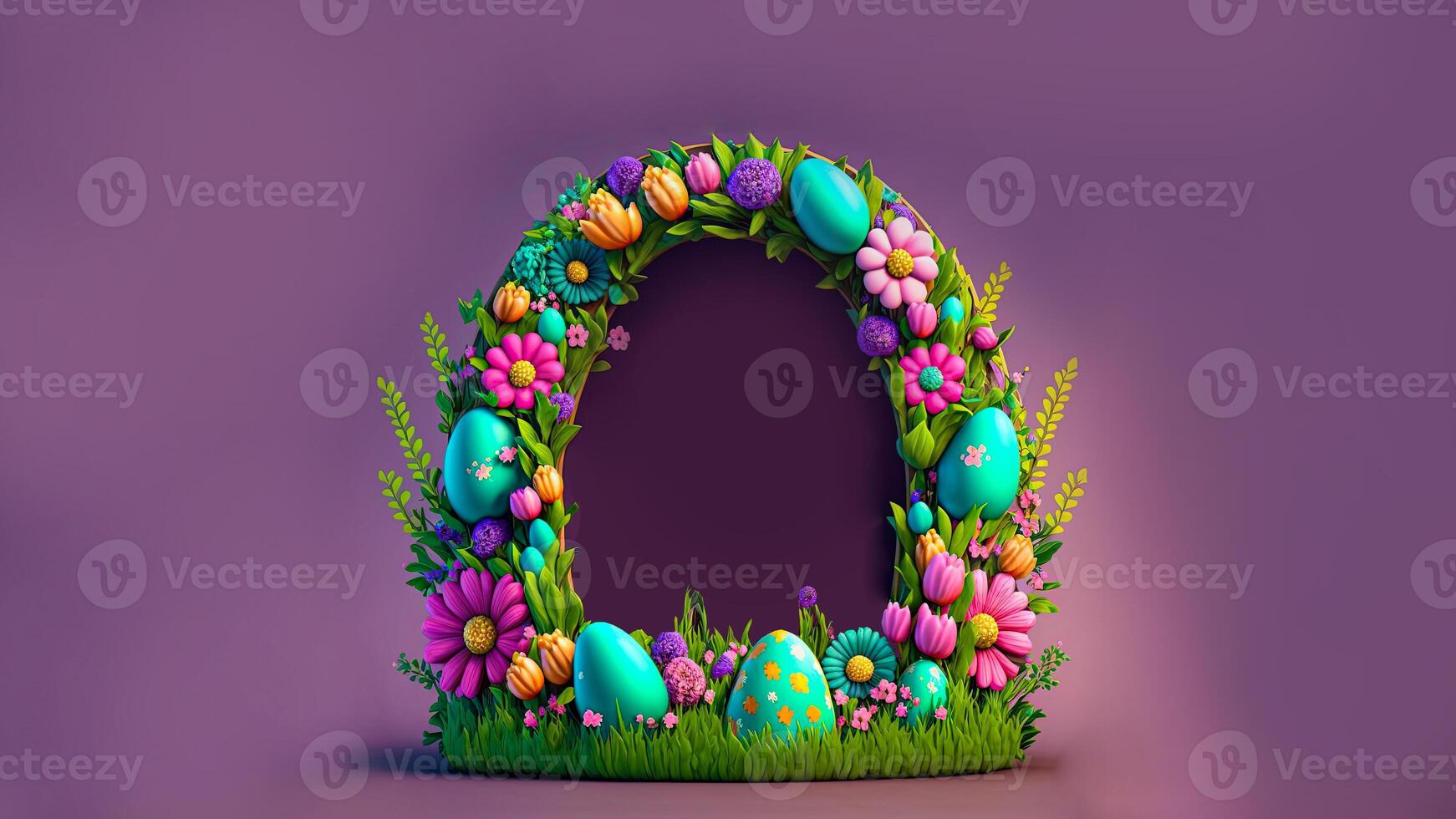 3D Render of Colorful Flowers, Leaves With Eggs Decorative Oval Arch Against Purple Background And Copy Space. Happy Easter Concept. photo