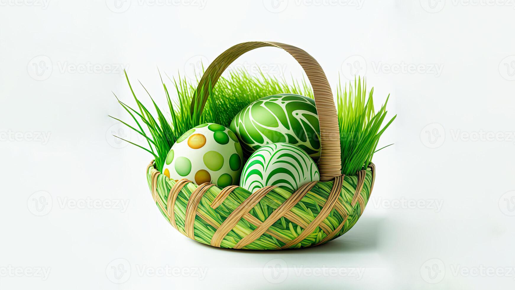 3D Render of Green Printed Eggs Inside Grass Basket And Copy Space. Happy Easter Concept. photo