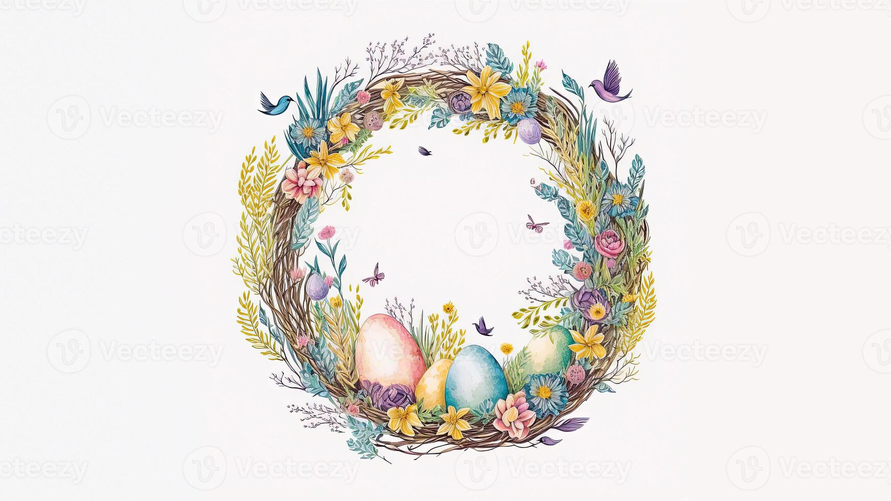 Flat Style Colorful Cute Birds Character With Eggs On Floral Circular Frame And Copy Space. photo