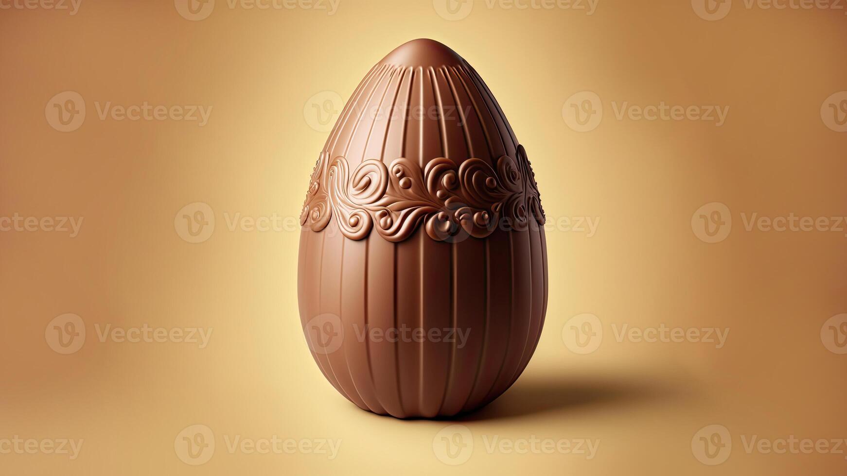 3D Render of Chocolate Floral Egg Against Golden Background And Copy Space. Happy Easter Concept. photo