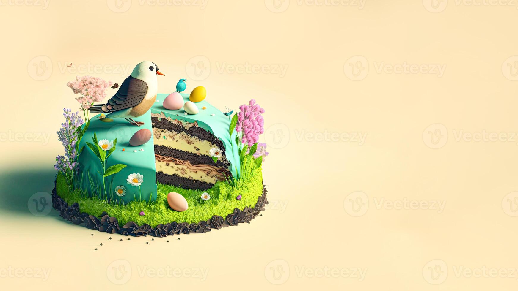 3D Render of Nature Cake Decorative With Cute Bird Character, Eggs And Flowers. photo