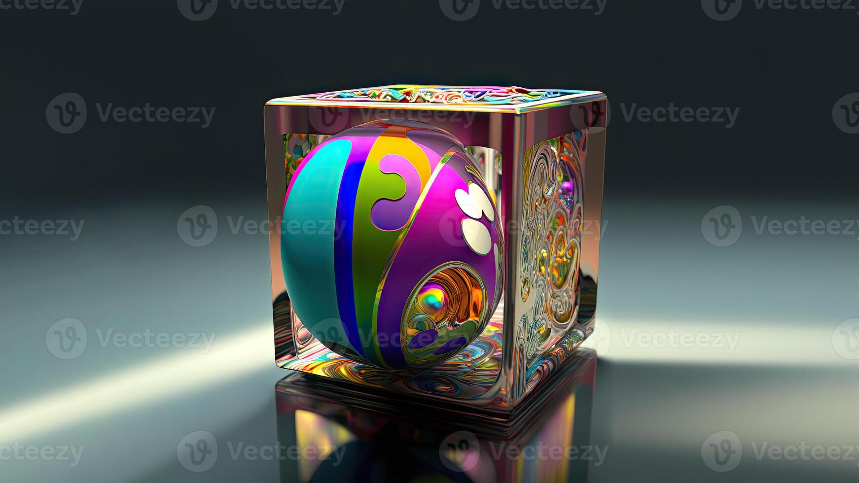 3D Render of Colorful Floral Printed Easter Egg In Glassware Box on Shiny Grey Background And Copy Space. Happy Easter Concept. photo