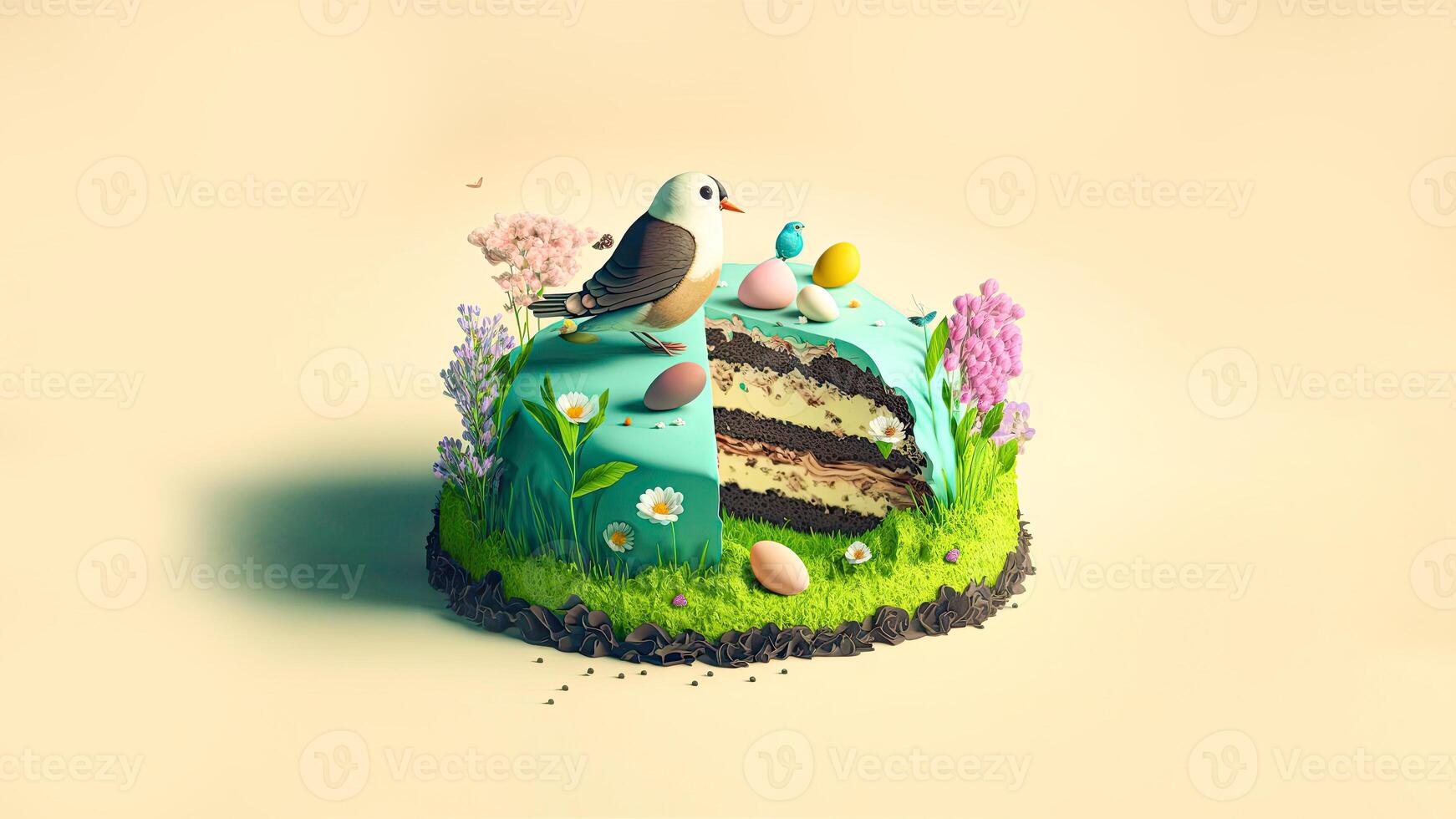 3D Render of Nature Cake Decorative With Cute Bird Character, Eggs And Flowers. photo