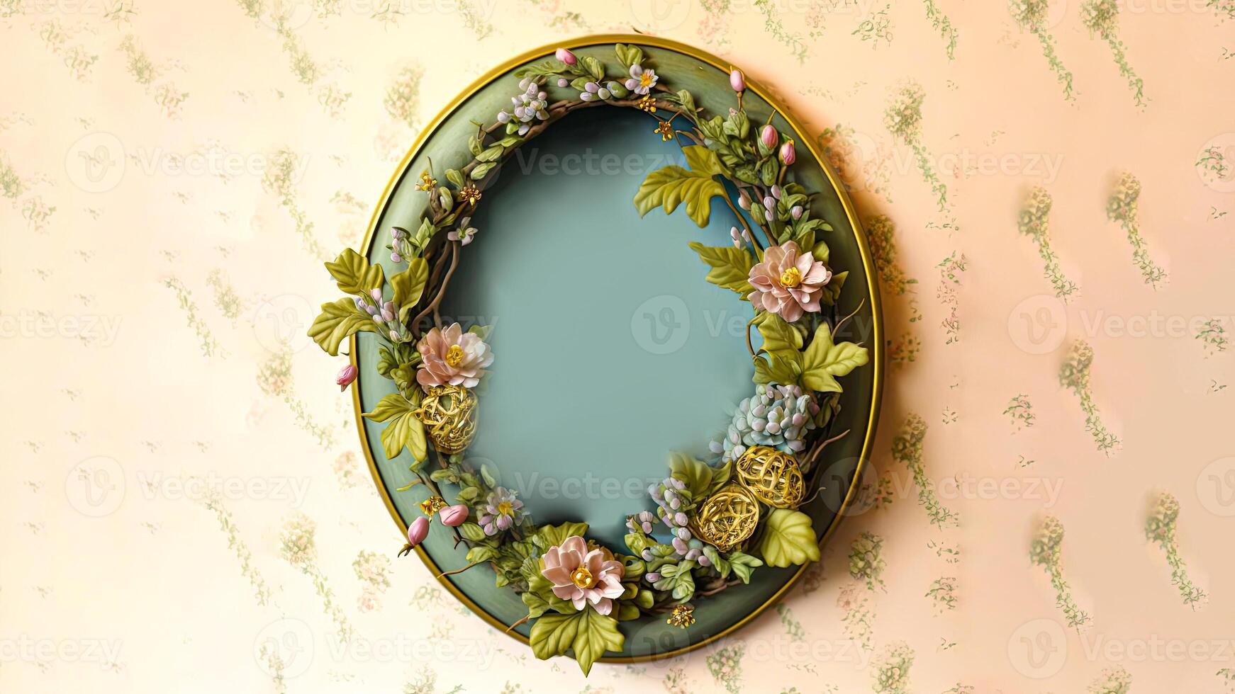3D Render of Floral Oval Frame Against Grunge Leaves Peach Background And Copy Space. photo