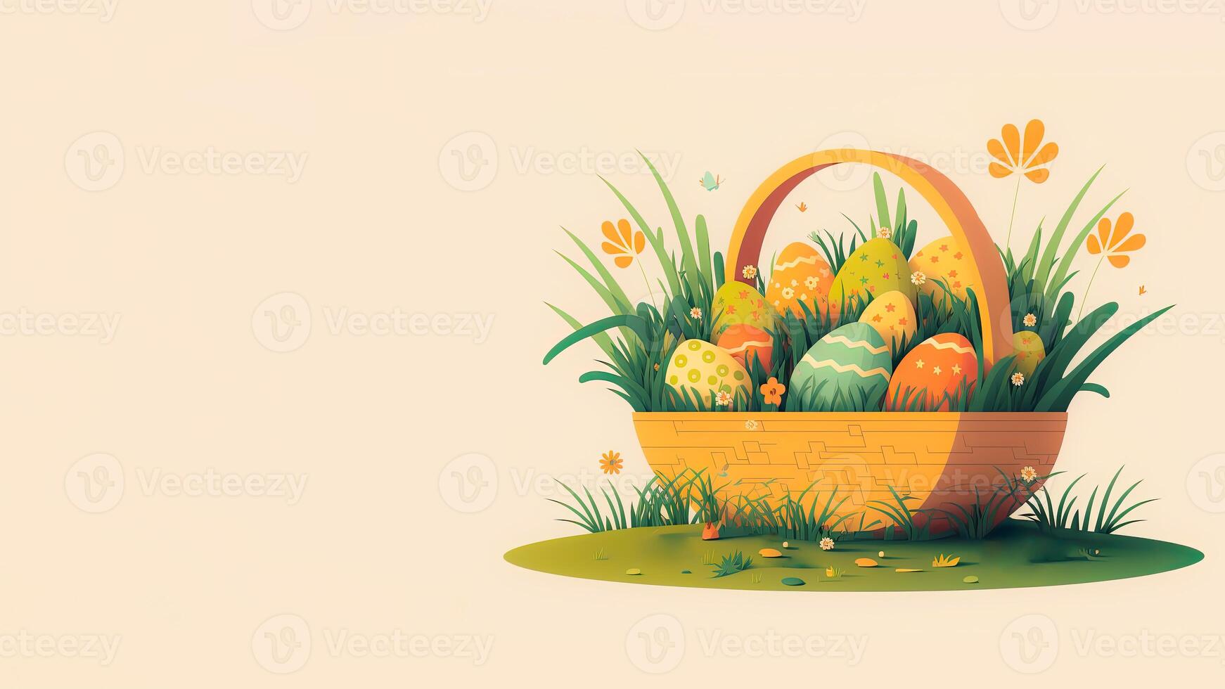 Illustration of Colorful Floral Easter Eggs Basket On Grass Against Cosmic Latte Background And Copy Space. Happy Easter Day Concept. photo