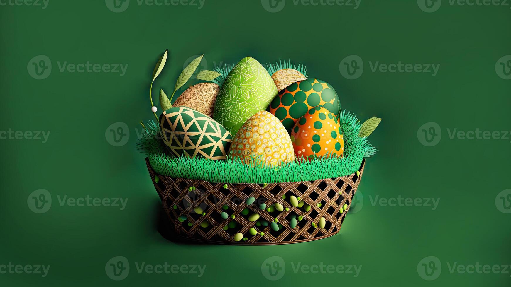 3D Render of Colorful Printed Eggs Inside Grass Basket On Green Background And Copy Space. Happy Easter Concept. photo