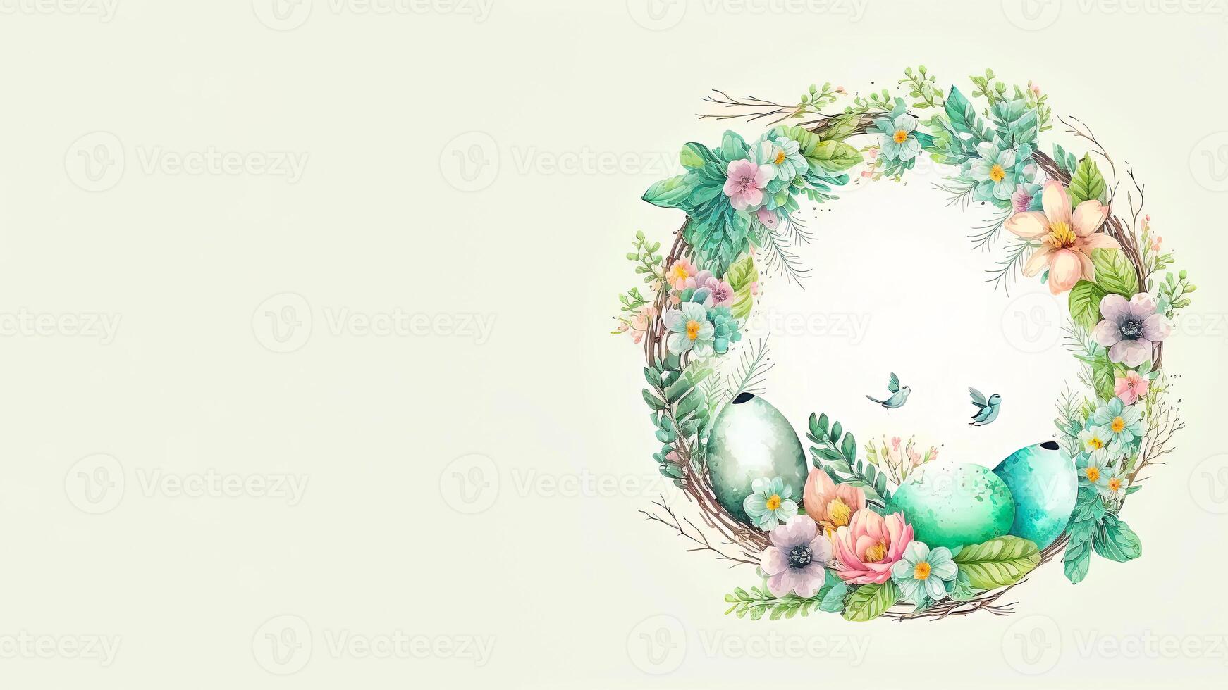 Flat Style Colorful Eggs On Floral Circular Frame With Flying Bird Character Against Cosmic Latte Background And Copy Space. photo