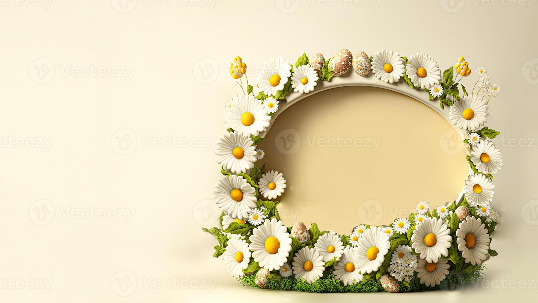 3D Render of White Daisy Flowers, Leaves With Egg Decorative Oval Frame Against Pastel Yellow Background And Copy Space. photo