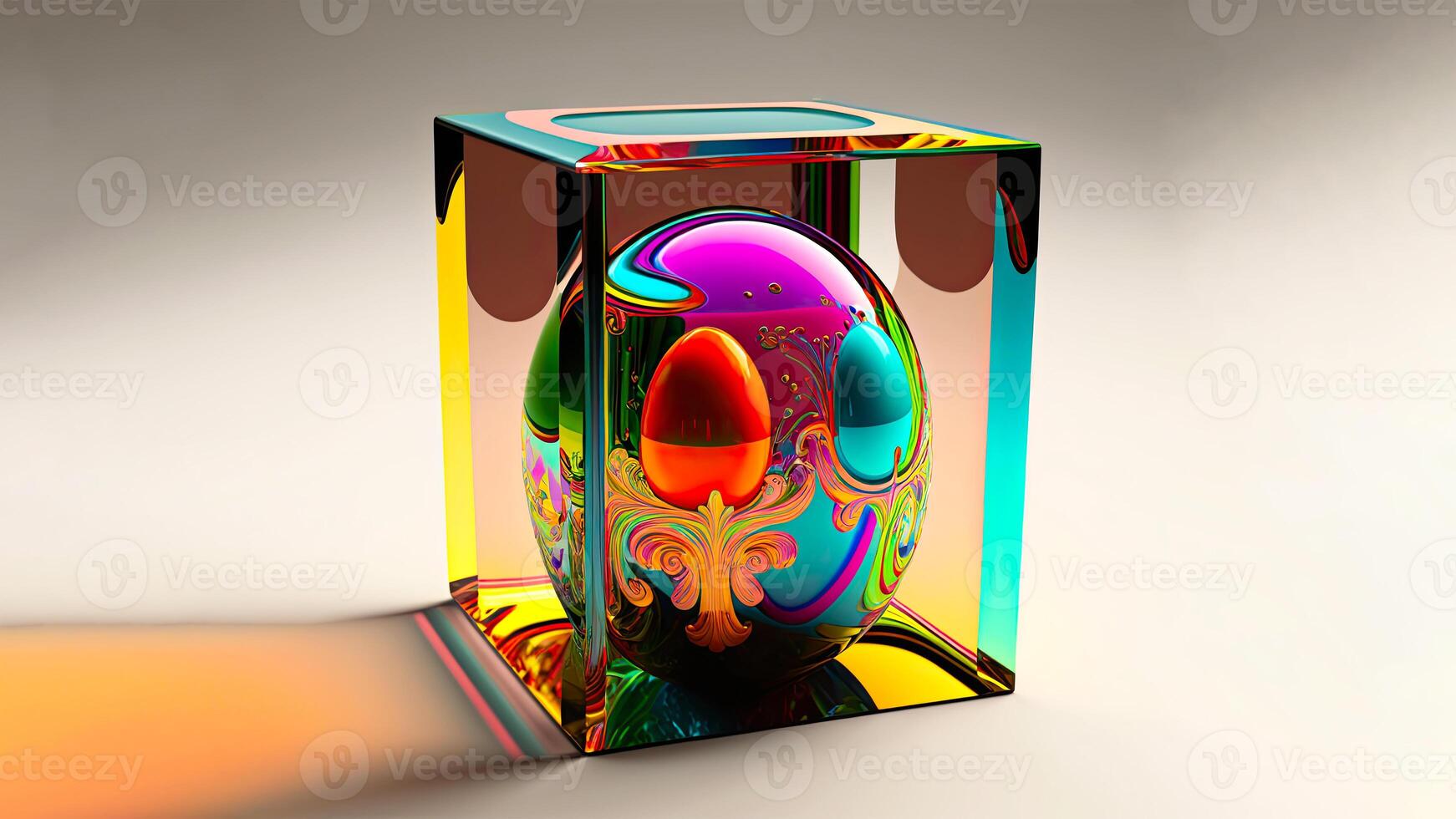 3D Render of Colorful Floral Printed Easter Egg In Glassware Box on Cosmic Latte Background And Copy Space. Happy Easter Concept. photo