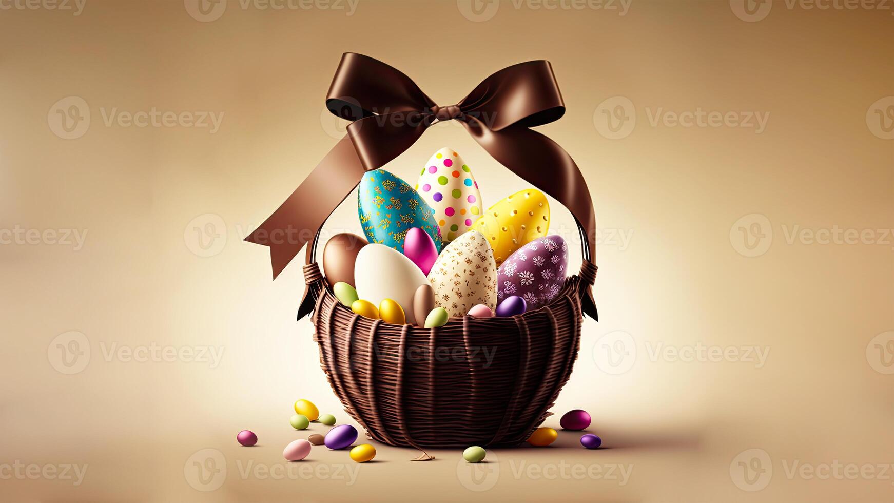 3D Render of Easter Eggs Basket With Brown Silk Ribbon Against Shiny Golden Background And Copy Space. Happy Easter Day Concept. photo