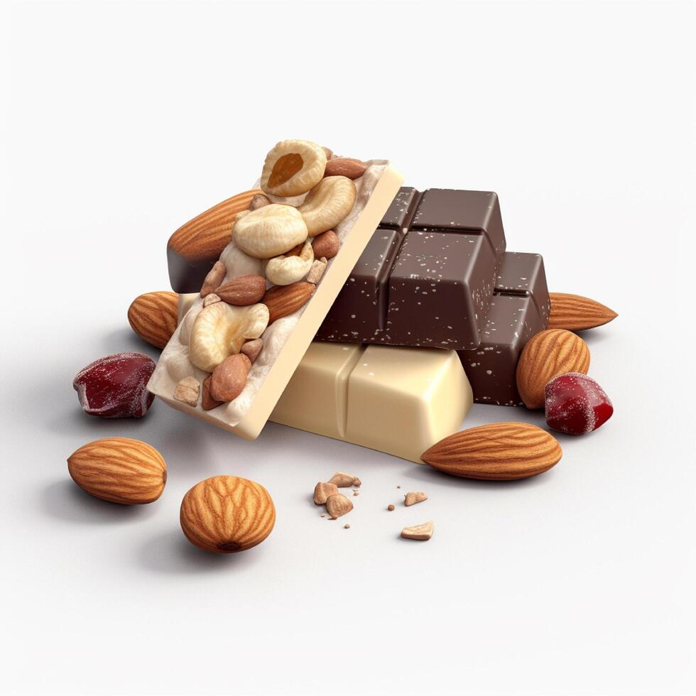 Chocolate bar and almont nuts on white background. photo