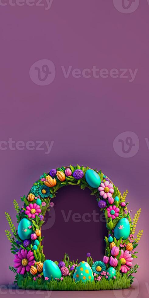 3D Render of Colorful Flowers, Leaves With Eggs Decorative Oval Arch Against Purple Background And Copy Space. Happy Easter Concept. photo