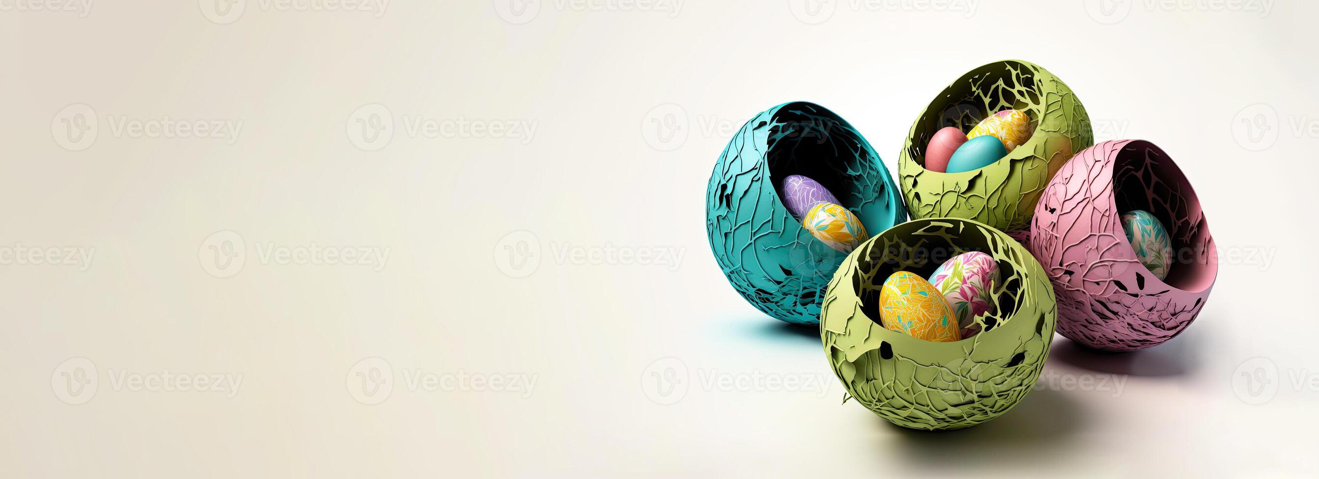 Colorful Paper Mache Easter Eggs Bowl OR Bird Nest Set For Easter Day Concept. 3D Render. photo