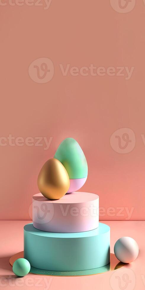 3D Render Of Soft Color Eggs On Circular Podium Against Pastel Pink Background And Copy Space. Happy Easer Day Concept. photo