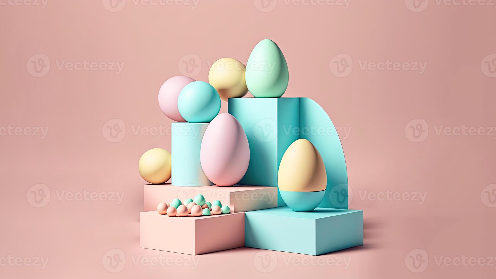 3D Render of Soft Color Eggs With Gometric Shapes O Podium And Copy Space. Happy Easter Day Concept. photo