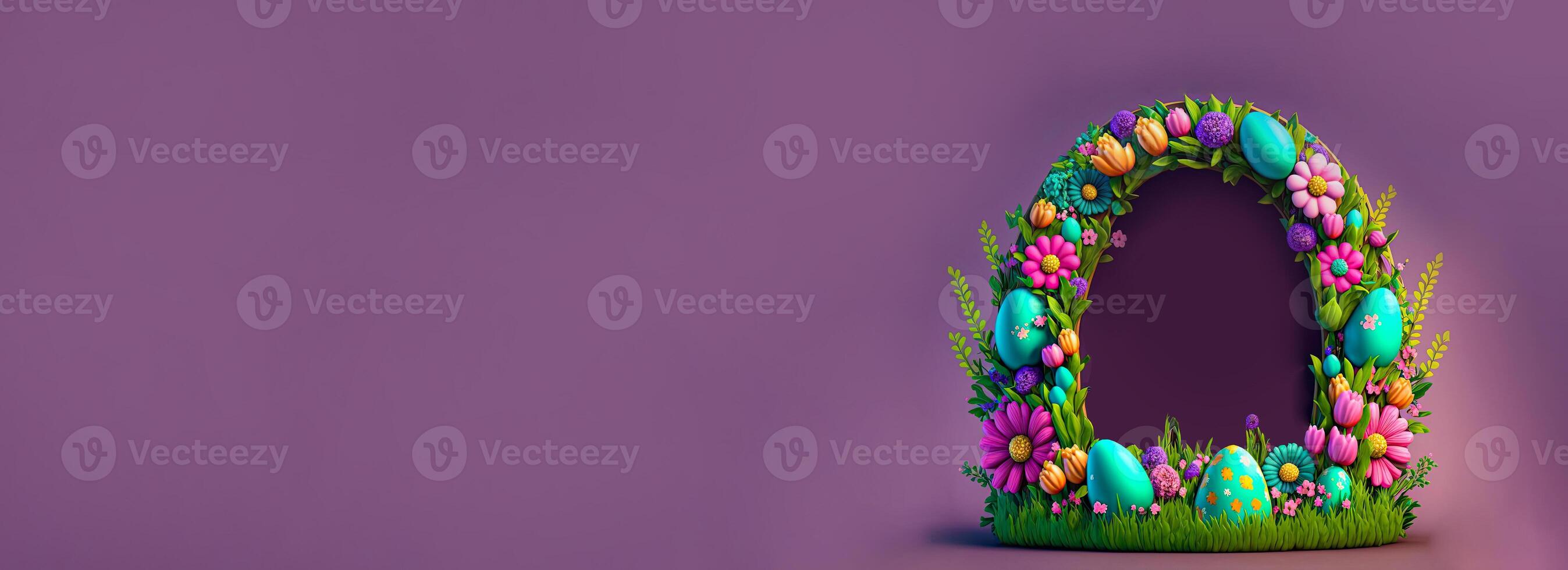 3D Render of Colorful Flowers, Leaves With Eggs Decorative Oval Arch Against Purple Background And Copy Space. Happy Easter Concept. photo