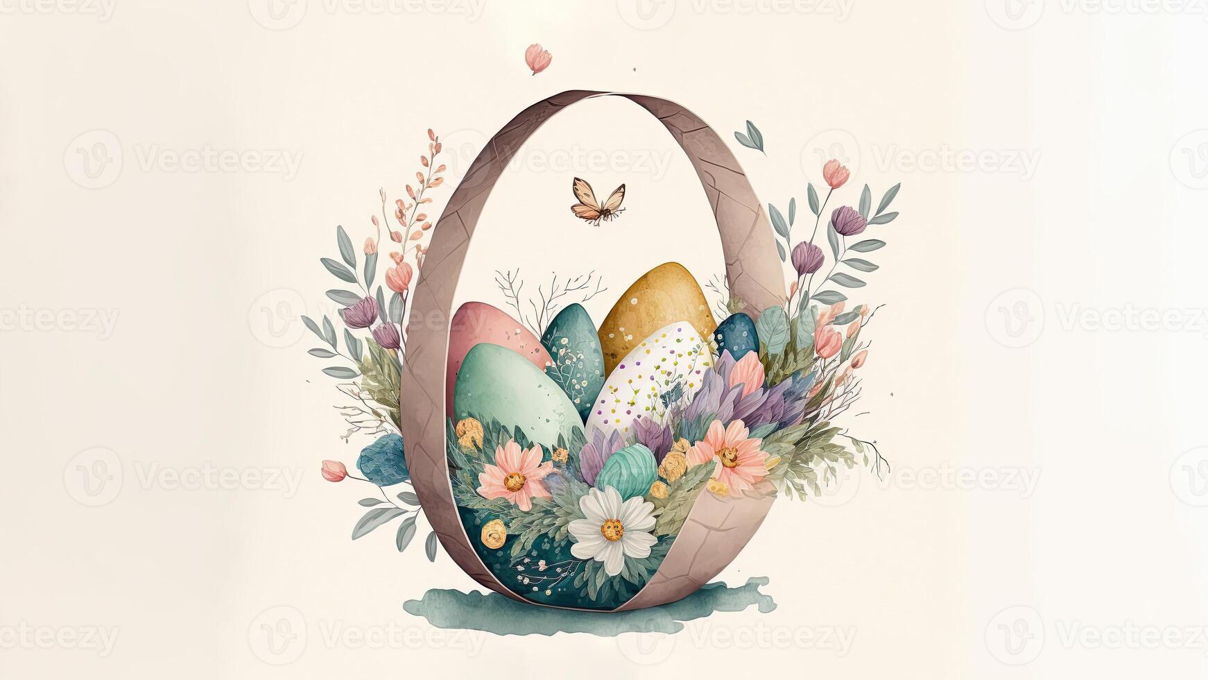 Illustration of Butterfly With Bird Characters With Egg Inside Floral Basket Against Cosmic Latte Background And Copy Space. Happy Easter Day Concept. photo