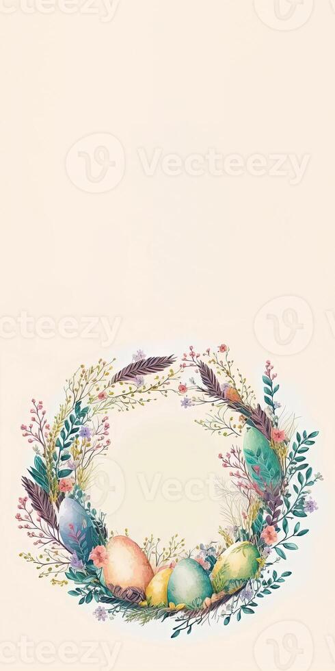 Flat Style Colorful Eggs On Floral Circular Frame With Against Pastel Pink Background And Copy Space. Happy Easter Day Concept. photo
