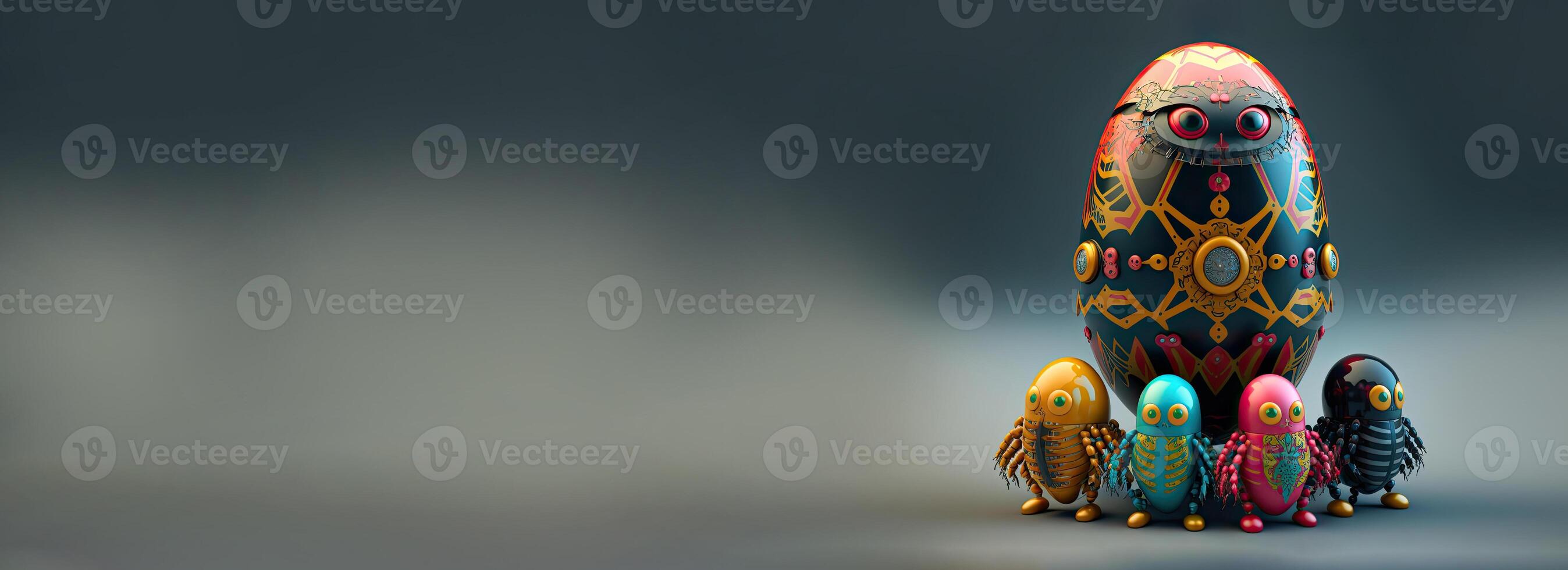 3D Render Of Scary Egg Shape Robots Characters Against Slate Background And Copy Space. photo