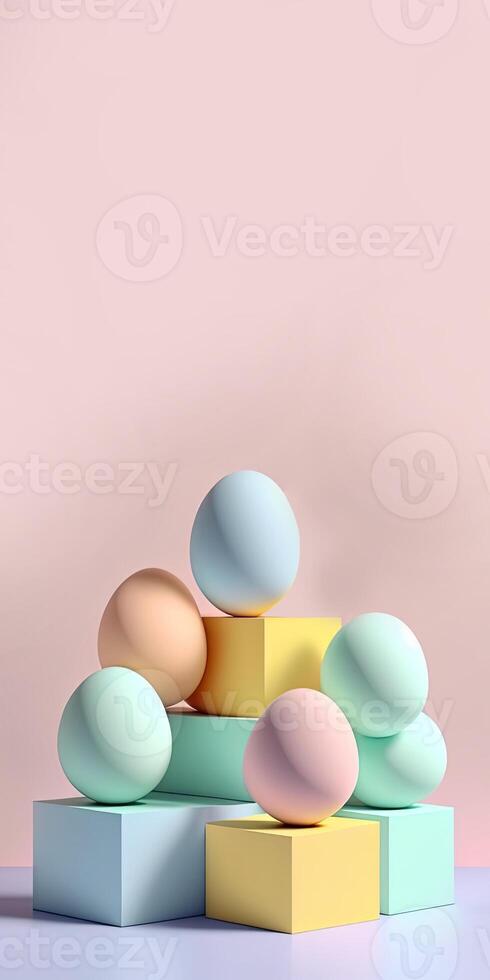 3D Render of Soft Color Eggs On Podium And Copy Space. Happy Easter Day Concept. photo