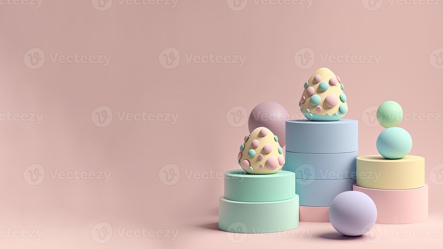 3D Render Of Pastel Color Eggs On Circular Podium Against Pastel Pink Background And Copy Space. Happy Easer Day Concept. photo