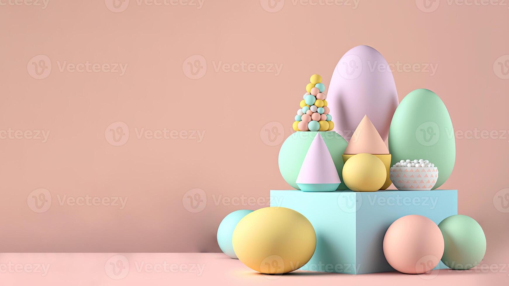 3D Render of Soft Color Eggs With Gometric Shapes O Podium And Copy Space. Happy Easter Day Concept. photo