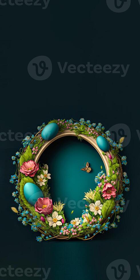 3d hacer de vistoso huevos, flores decorativo guirnalda con mariposa personaje en verde azulado antecedentes y Copiar espacio. foto