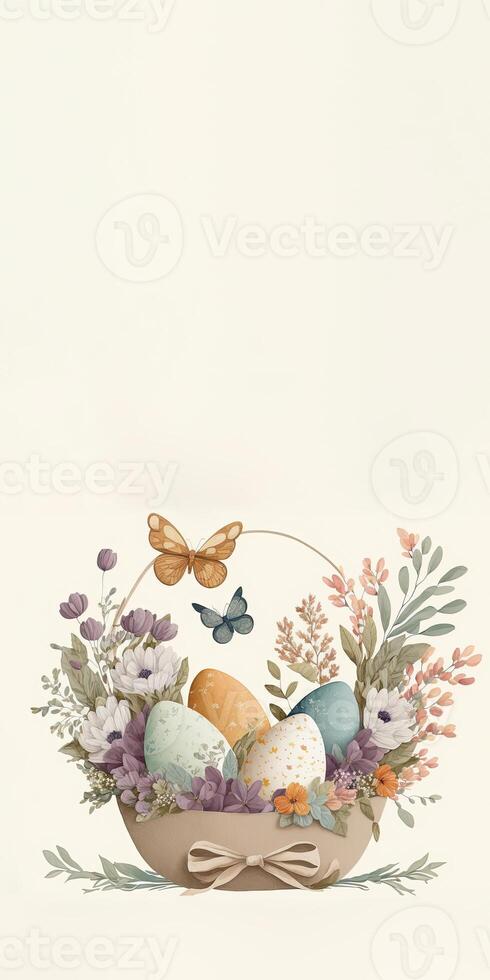 Illustration of Floral Egg Basket With Butterfly Character And Copy Space. Happy Easter Day Concept. photo