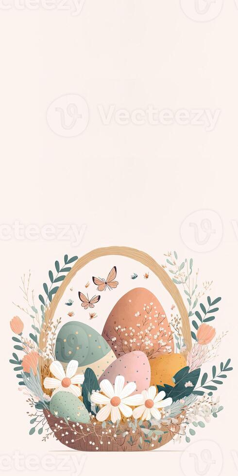 Illustration of Floral Egg Basket With Butterflies Character And Copy Space. Happy Easter Day Concept. photo