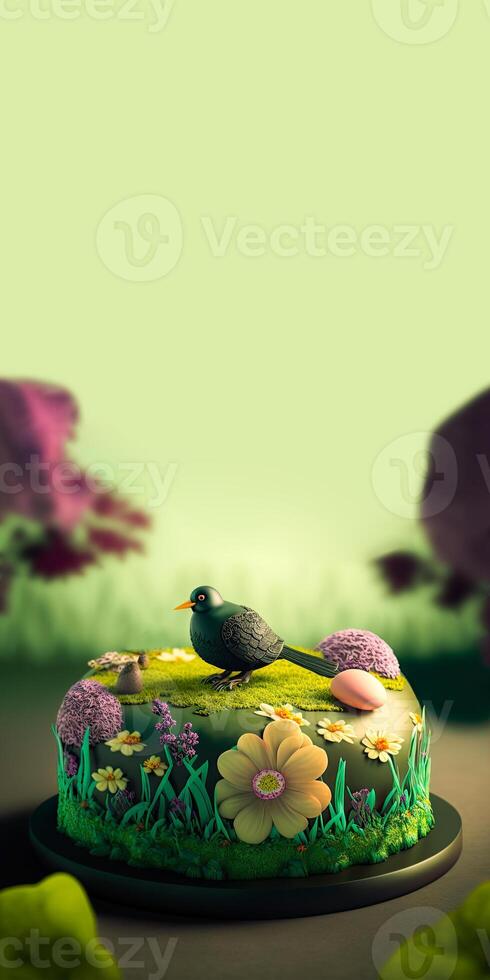3D Render of Cute Bird Character Standing With Egg On Circle Flower Landscape Against Blur Green Background And Copy Space. Easter Day Concept. photo