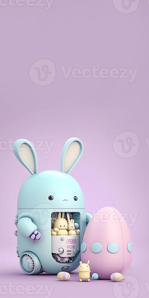 3d Render of Robotic Rabbit Characters With Eggs On Pink Background. photo