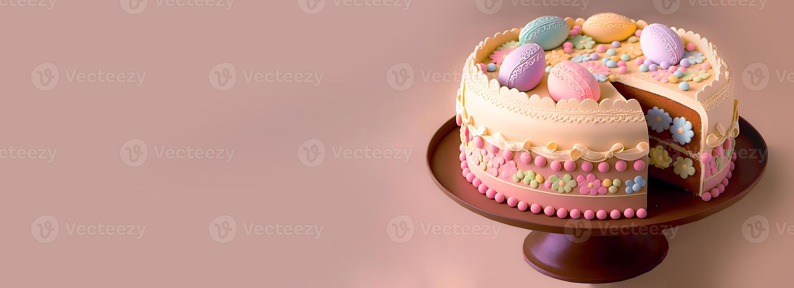 3D Render of Soft Color Flowers And Easter Eggs Decorative Cake on Pastel Pink Background And Copy Space. Easter Day Celebration Concept. photo