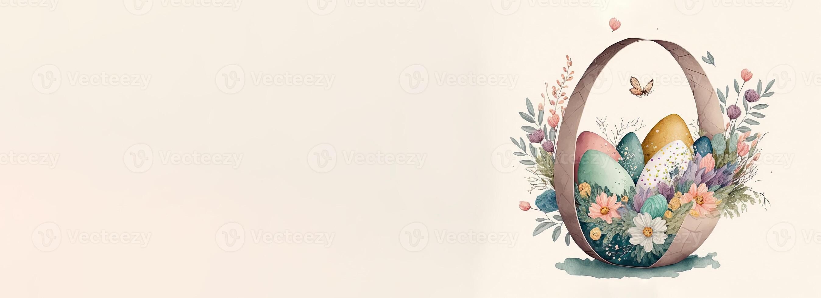 Illustration of Butterfly With Bird Characters With Egg Inside Floral Basket Against Cosmic Latte Background And Copy Space. Happy Easter Day Concept. photo