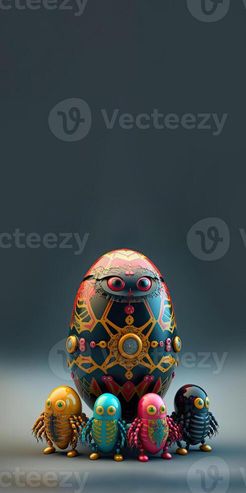 3D Render Of Scary Egg Shape Robots Characters Against Slate Background And Copy Space. photo